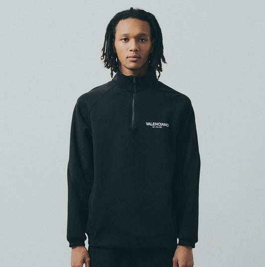 ハーフジップスウェット 伸びる ナイロン異素材ミックス ブラック