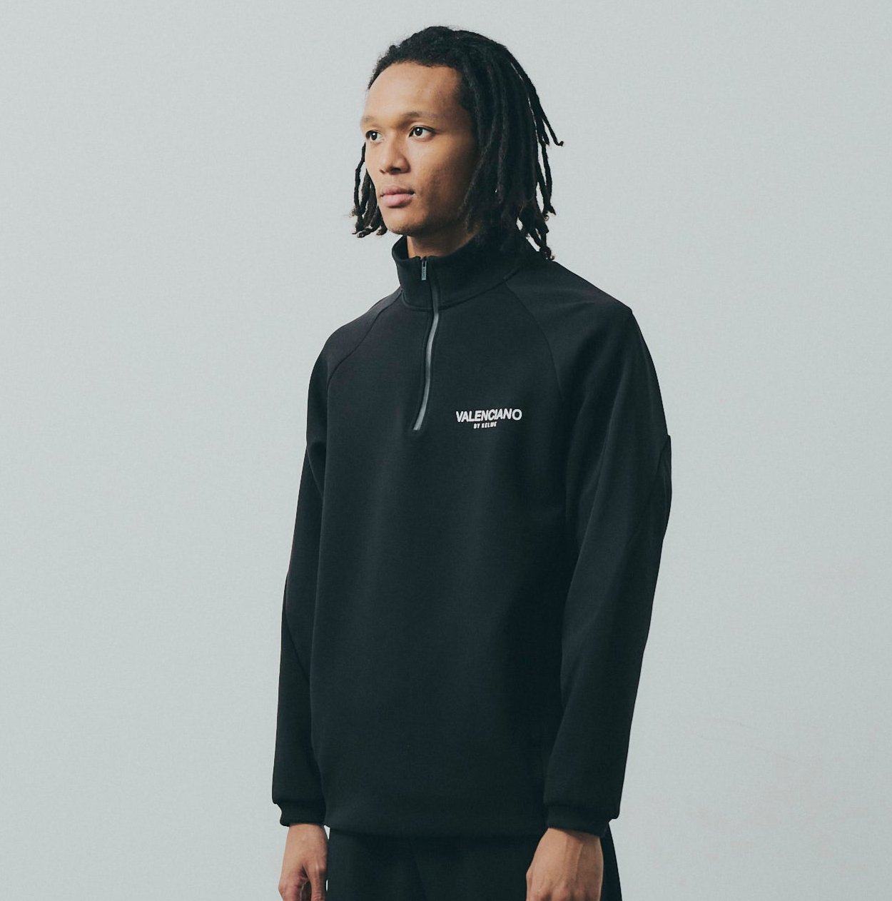 ハーフジップスウェット 伸びる ナイロン異素材ミックス ブラック