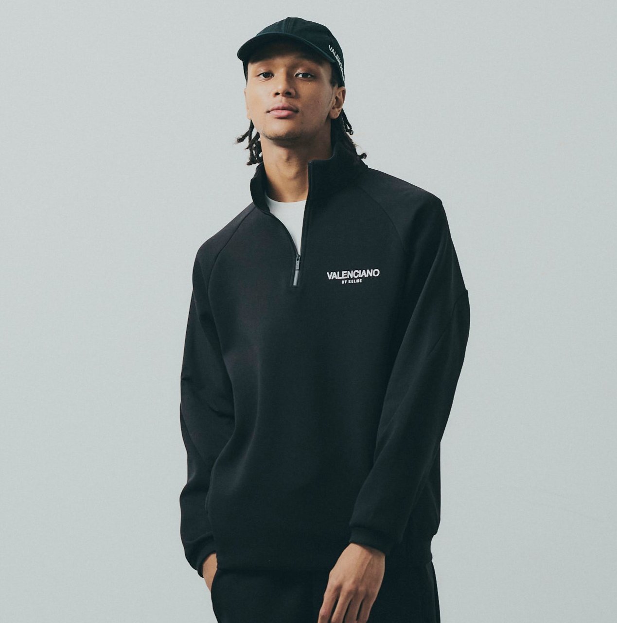 ハーフジップスウェット 伸びる ナイロン異素材ミックス ブラック