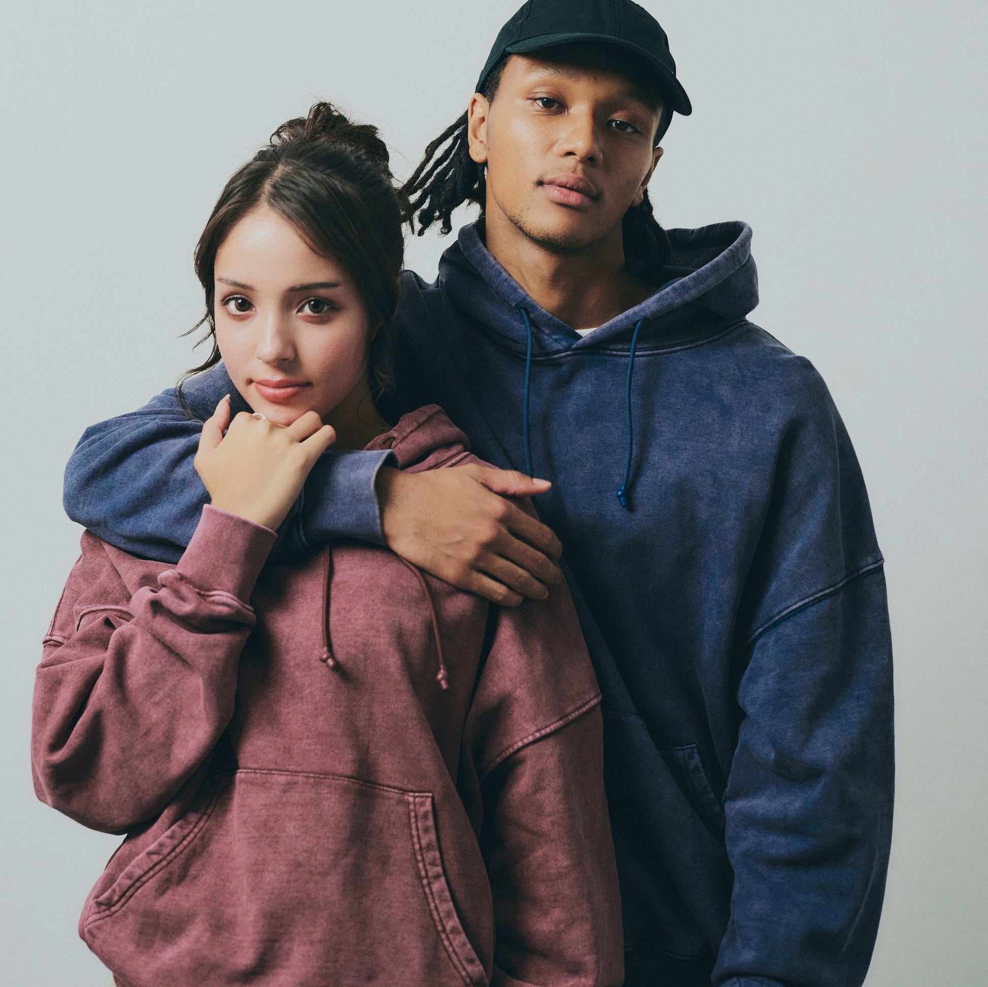 染めパーカー フーディ バーガンディ インディゴブルー